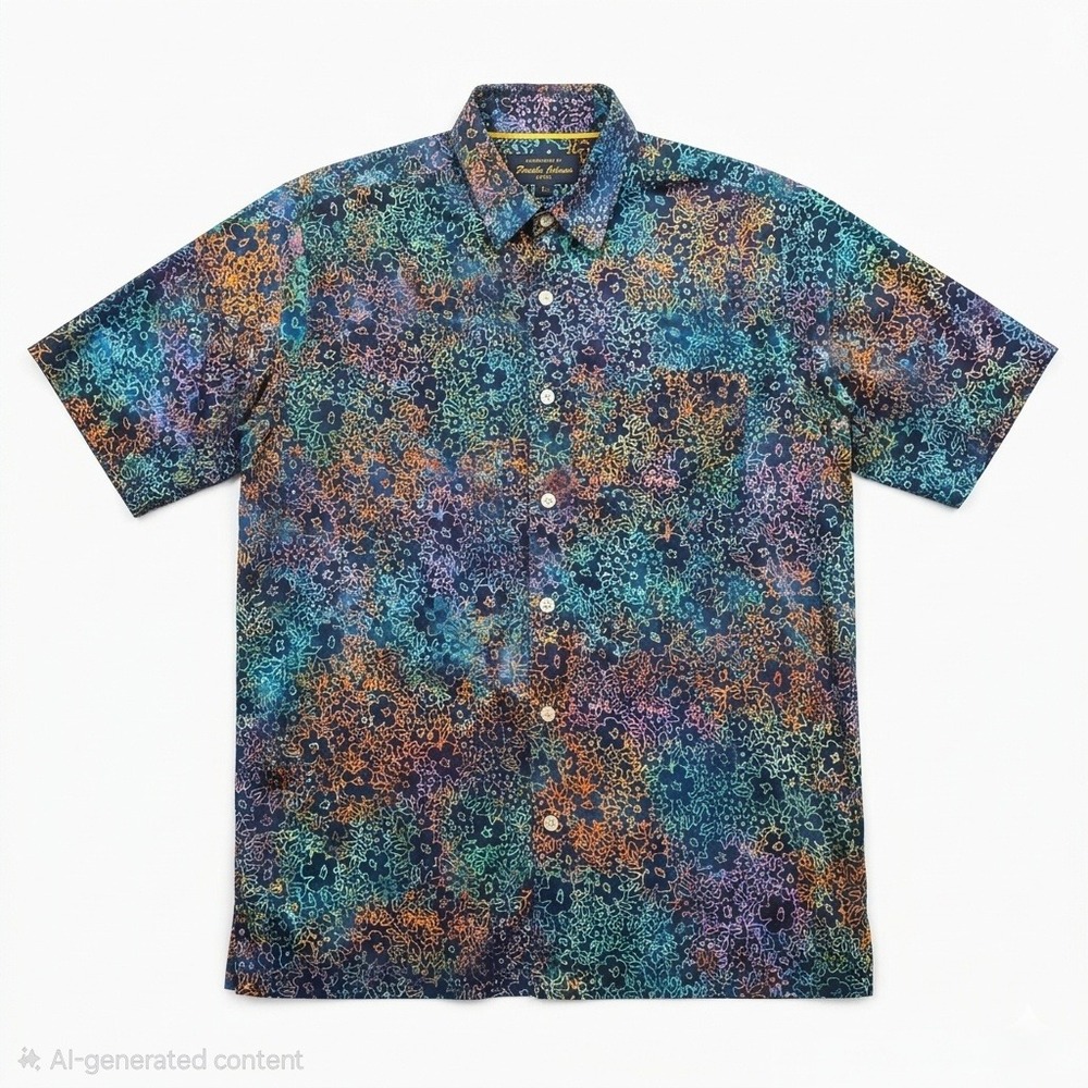 Pete Huntington Mens M Batik Shirt Multicolor Handcrafted Cotton Short Sleeve